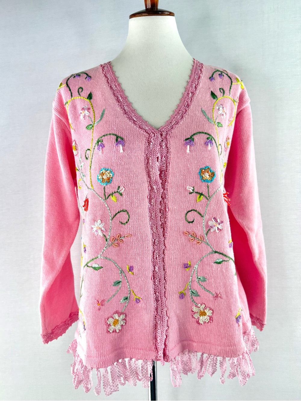 Storybook Knits New Y2K Pink Embroidered & Beaded Fringe Cardigan Sweater